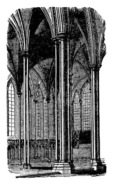 This is 13th century Early English style Salisbury Cathedral England. Salisbury Cathedral is the foremost example of Early English Gothic style church, vintage line drawing or engraving illustration. - Vector, Image