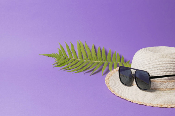 Un sombrero grande con gafas de sol y una hoja de palma sobre un fondo lila
. - Foto, imagen