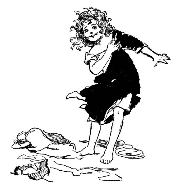 De afbeelding toont een klein meisje uitkleden, vintage lijntekening of graveren illustratie  - Vector, afbeelding