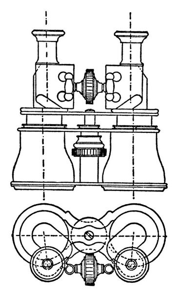 Una representación típica de un binocular. Boulanger logró producir un binocular de un tipo completamente nuevo en 1859, dibujo de línea vintage o ilustración de grabado. - Vector, Imagen