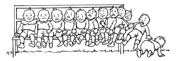 Μικρά παιδιά κάθονται σε ένα παγκάκι τα παιδιά της δεξιάς πλευράς κάθονται πολύ στενά και ένα από τα αγόρια πέφτει από τον πάγκο, vintage σχέδιο γραμμή ή χαρακτική εικόνα. - Διάνυσμα, εικόνα