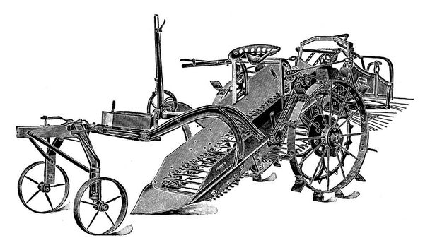 Machine utilisée pour creuser des pommes de terre, dessin à la ligne vintage ou illustration de gravure. - Vecteur, image