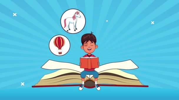 pequeño estudiante niño leyendo libro con conjunto de iconos de fantasía
 - Metraje, vídeo