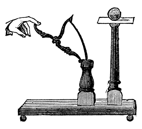 An experimental set-up with a short pillar, ball, card and a steel spring drawn by human hand, to demonstrate inertia, vintage line drawing or engraving illustration. - Vector, Image