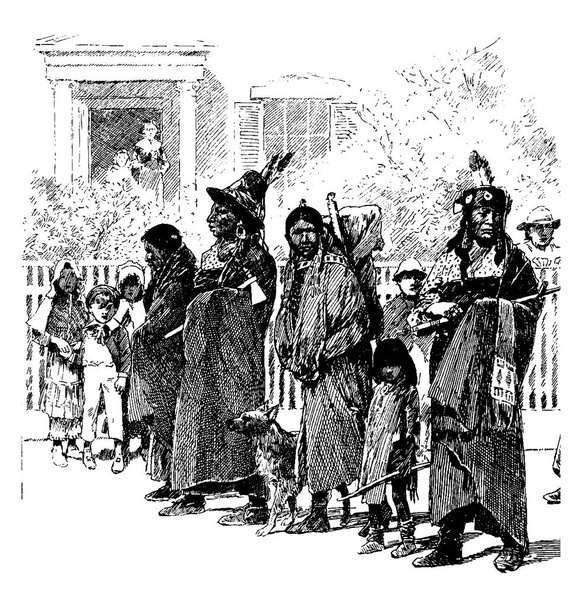 На картине изображены несколько мужчин и маленьких детей Индии, выстроившихся в очередь на двор суда, рисунок винтажной линии или гравировка.  - Вектор,изображение