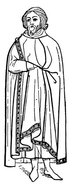 Starší syn Edwarda III., stojící se založenýma rukama, oblečený v látce, která má dlouhé víření ke konci oděvu, starodávnou kresbu nebo rytou ilustraci. - Vektor, obrázek