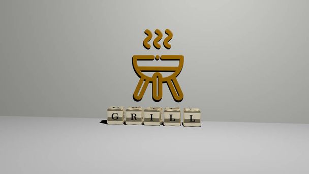 3D-grafisches Bild des Grills vertikal zusammen mit Text aus metallischen kubischen Buchstaben von oben, hervorragend für die Konzeptpräsentation und Diashows. Grill und Hintergrund - Foto, Bild