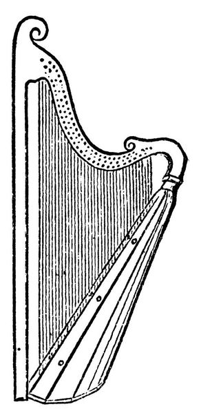 Struny strunného hudebního nástroje, který je trhán prsty, produkovat zvuk a hudbu. Má řadu takových jednotlivých řetězců, které jsou pod úhlem k jeho soundboardu. Zobrazeno zde je velšská trojitá harfa, starodávná čára kresby nebo rytina - Vektor, obrázek