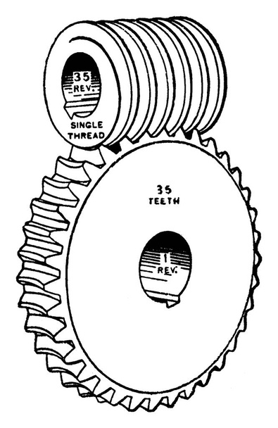 Um worm drive é um arranjo de engrenagens em que um worm malhas com uma engrenagem de worm. Mostrado aqui é uma representação típica de uma engrenagem sem-fim e sem-fim, relação 35 para 1., desenho de linha vintage ou gravura ilustração
  - Vetor, Imagem