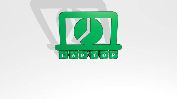 3D illustratie van LAPTOP graphics en tekst gemaakt door metalen dobbelstenen letters voor de bijbehorende betekenissen van het concept en presentaties. computer en bedrijfsleven - Foto, afbeelding