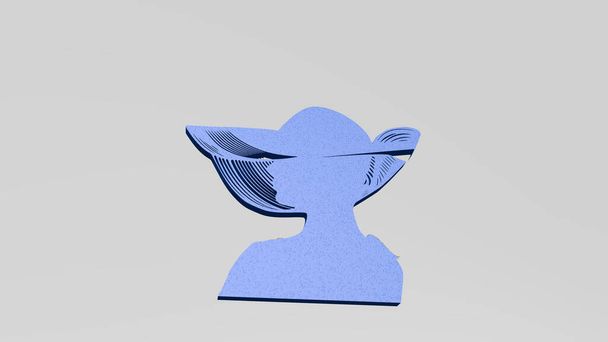 donna di classe con cappello sul muro. Illustrazione 3D di scultura metallica su sfondo bianco con texture delicata. affari e design - Foto, immagini