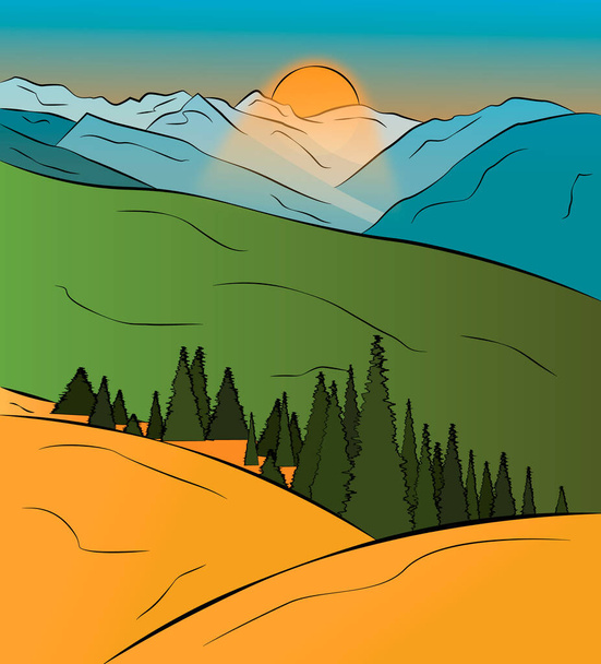 Vektori esimerkki vuoristoinen maisema auringonlaskussa. Maisema kuva, jossa voit nähdä vuoria taustalla, mäntyjä ja kaunis auringonlasku. - Vektori, kuva