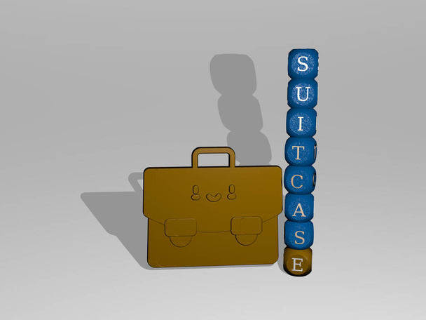 Ilustración 3D de gráficos de maletas y texto alrededor del icono realizado por letras de dados metálicos para los significados relacionados con el concepto y las presentaciones. viaje y bolsa - Foto, Imagen