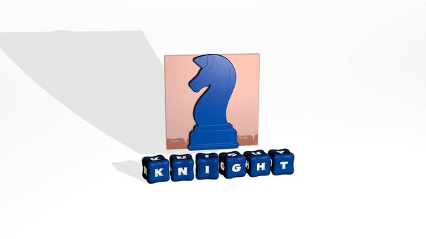 3D-Darstellung von KNIGHT mit Icon an der Wand und Text, angeordnet durch metallische kubische Buchstaben auf einem Spiegelboden für Konzeptbedeutung und Diashow-Präsentation. Illustration und Mittelalter - Foto, Bild