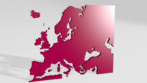 mapa Evropy vytvořená 3D ilustrací lesklé kovové sochy se stínem na světlém pozadí. abstraktní a koncept - Fotografie, Obrázek
