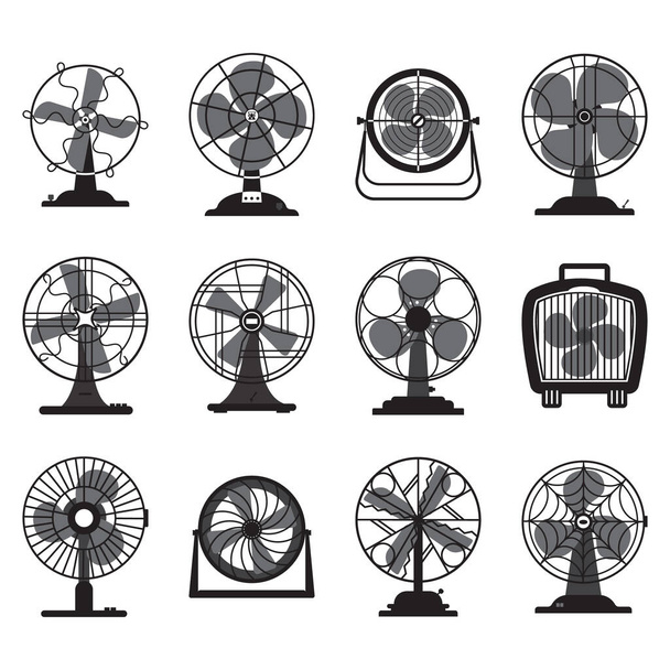 Ročník elektrické ventilátor pevné ikony, Dvanáct šedé stupnice elektrické ventilátor pevné ikony, Vektorové ilustrace, Cartoon pevné ikony, Retro vintage ventilátor ikony - Vektor, obrázek