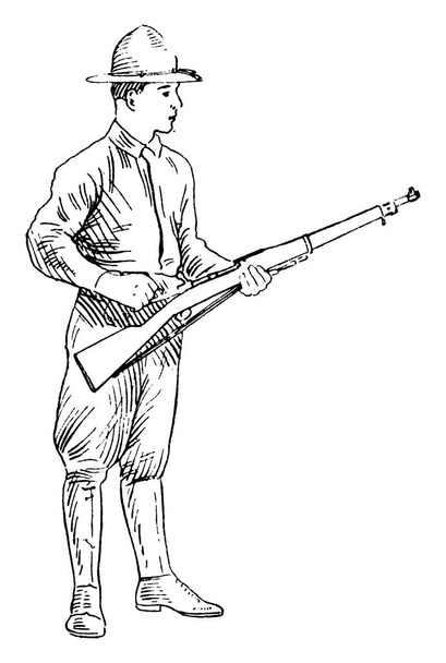 Le soldat charge son fusil, de la main droite il tourne et tire le boulon en arrière, dessin de ligne vintage ou illustration de gravure  - Vecteur, image