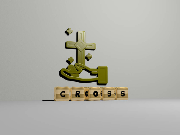 3D illustratie van cross graphics en tekst gemaakt door metalen dobbelstenen letters voor de gerelateerde betekenissen van het concept en presentaties. achtergrond en kerk - Foto, afbeelding