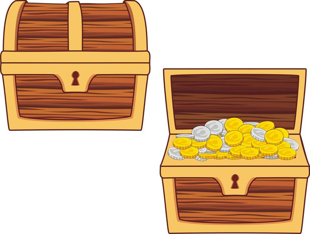 vector illustration of Wooden treasure Chest, closed and opened with coins - Vector, Image