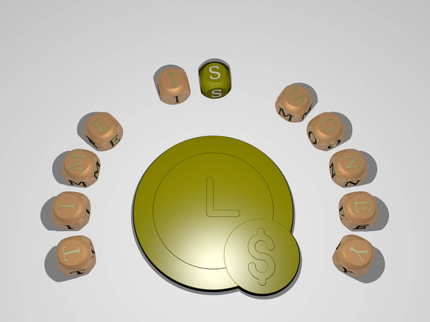 3D ilustracja TIME IS MONEY grafika i tekst wokół ikony wykonane przez metaliczne litery kości dla powiązanych znaczeń koncepcji i prezentacji. działalność gospodarcza i doświadczenie - Zdjęcie, obraz