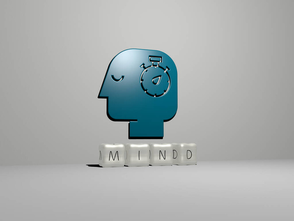 Ilustración 3D de gráficos MIND y texto realizado por letras de dados metálicos para los significados relacionados con el concepto y las presentaciones. cerebro y humano - Foto, imagen
