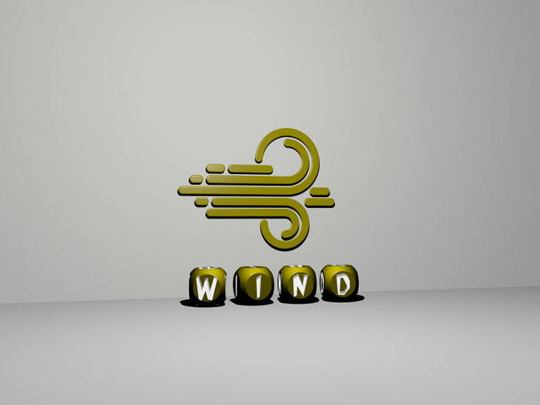 3D иллюстрация графики WIND и текста, сделанные металлическими буквами кубиков для соответствующих значений концепции и презентаций. фон и флаг - Фото, изображение