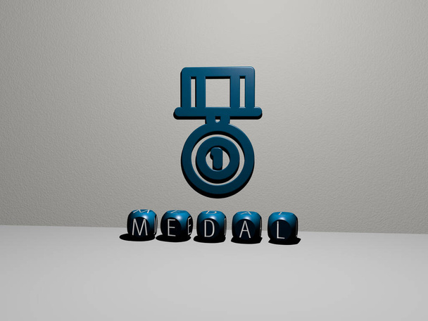 3D графічне зображення MEDAL вертикально поряд з текстом, побудованим металевими кубічними літерами з верхньої точки зору, відмінно підходить для презентації концепції та показу слайдів. ілюстрація та нагорода
 - Фото, зображення
