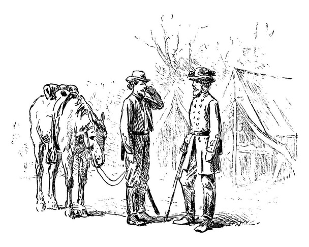 Obraz przedstawia żołnierza stojącego i rozmawiającego z konfederackim generałem Robertem E. Lee znalezionym po prawej stronie obrazu, rysunkiem linii vintage lub grawerowaną ilustracją  - Wektor, obraz