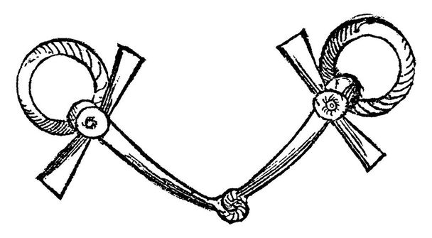 Типичное представление бит, железный мундштук уздечка, к которой поводья крепятся, винтажные линии рисунок или гравировка иллюстрации  - Вектор,изображение