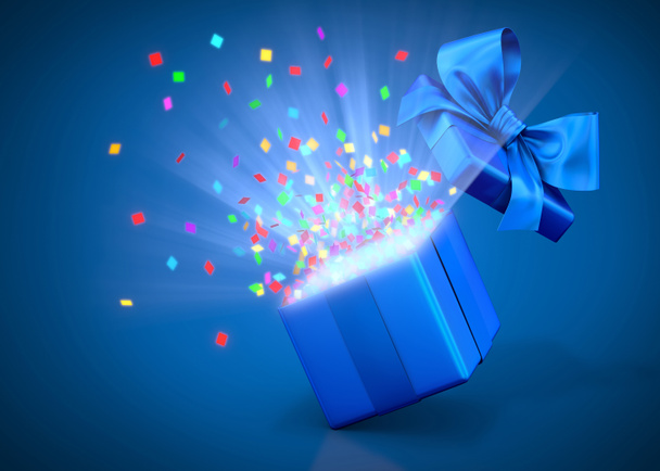 Άνοιγμα κουτί δώρου με φωτεινές ακτίνες του φωτός 3d απόδοση - Φωτογραφία, εικόνα