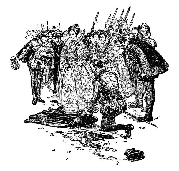 Sir Walter Raleigh puso su manto sobre el barro para dejar que la reina Isabel lo cruzara, trazado de líneas vintage o ilustración de grabado. - Vector, imagen