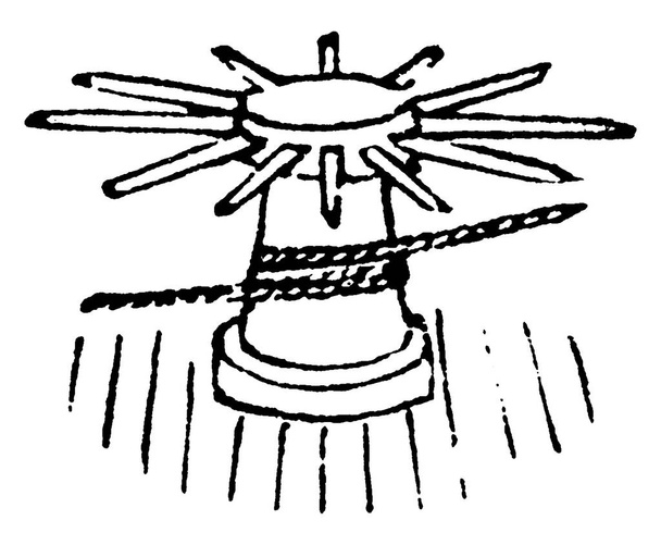 Illustratie van een brede draaiende cilinder met een verticale as die wordt gebruikt voor het wikkelen van een touw, vintage lijntekening of graveerillustratie. - Vector, afbeelding