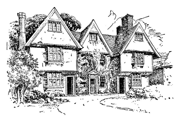 Ein großes Landhaus mit Grundstück in Suffolk, Vereinigtes Königreich, Vintage-Linienzeichnung oder Gravurillustration. - Vektor, Bild