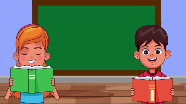 little students kids reading books in the classroom animated characters - Footage, Video