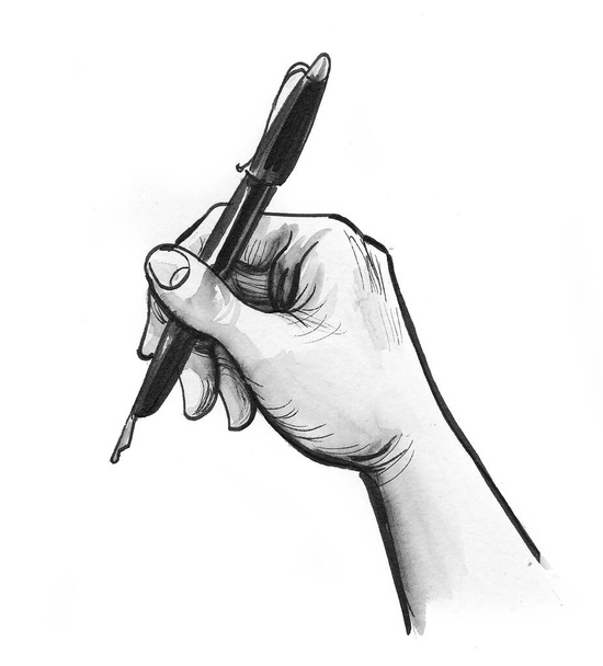 Hand with a pen. Ink black and white drawing - Fotografie, Obrázek