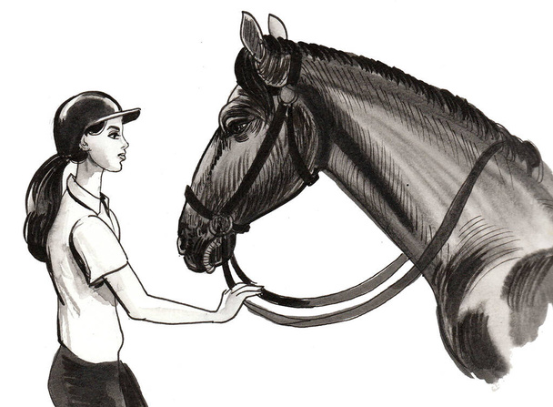 Jockeyspielerin mit Pferd. Tusche- und Aquarellzeichnung - Foto, Bild
