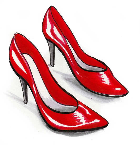 Paar rote Schuhe mit hohen Absätzen. Tusche- und Aquarellzeichnung - Foto, Bild