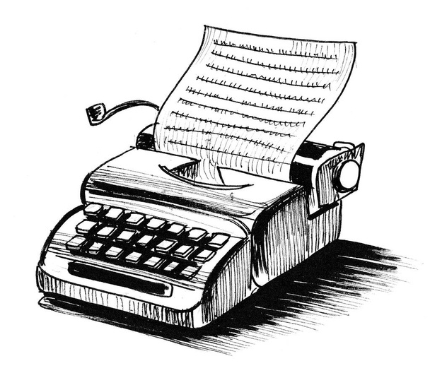 Máquina de escribir retro. Dibujo en blanco y negro de tinta - Foto, Imagen
