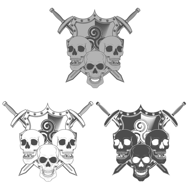 Calaveras de escudo de escala de grises y diseño de vectores de espadas
 - Vector, imagen