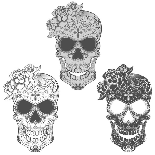 Day of the dead mexico grayscale skull illustration - Vector, Image