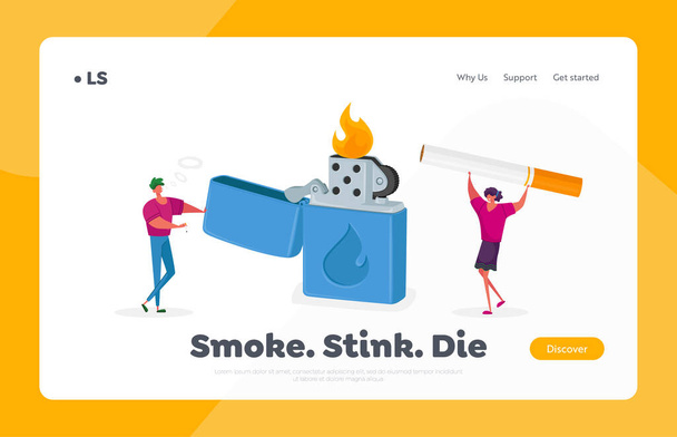 Malutkie postacie cieszące się Palenie Uzależnienie Landing Page Szablon. Ludzie zapalają papierosy z ogromnej zapalniczki - Wektor, obraz