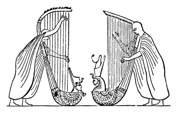 Das primitiv aussehende Instrument wurde horizontal gespielt und wurde auf der Schulter des Interpreten geboren. Zwischen ihnen und den großen vertikalen Harfen in den Fresken aus der Zeit Ramses II., Vintage-Linienzeichnung oder Stich-Illustration. - Vektor, Bild