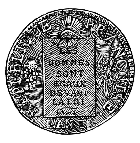 es una imagen de una moneda, muestra la observación de la moneda, en la que se ilustra una proclamación, un racimo de uvas, y una gavilla de trigo, trazado de líneas vintage o grabado  - Vector, imagen