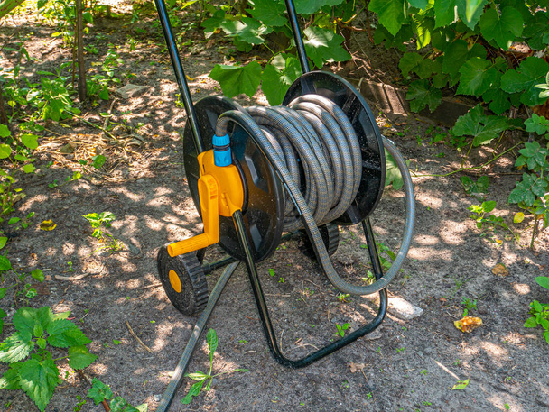 A reel with a wound hose for irrigation with water in the garden and vegetable garden. Agriculture. Farm. Irrigation system. Watering fruits and vegetables with water. Background image. Technology. - Photo, Image