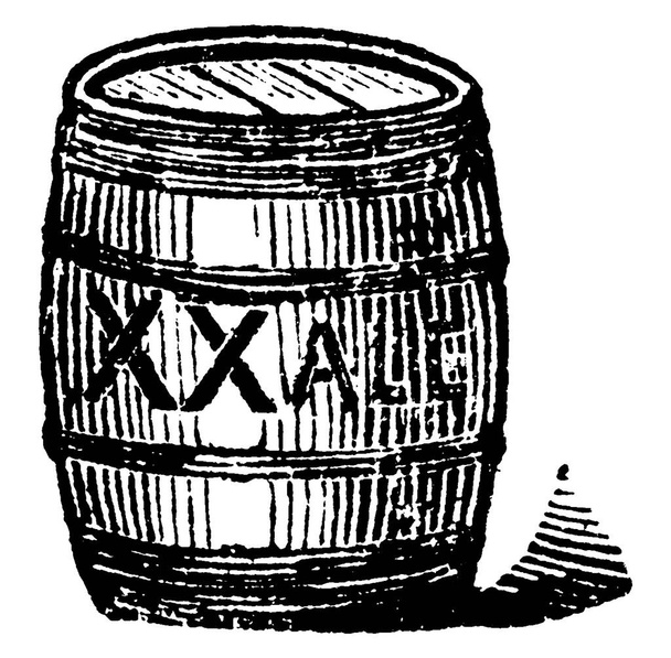 El barril es un contenedor cilíndrico de madera con lados ligeramente abultados., dibujo de línea vintage o ilustración de grabado.  - Vector, imagen