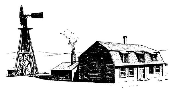 Une grande ferme avec une cheminée au sommet, et sur son dos une cheminée en état de marche. Également une centrale éolienne est montrée, dessin de ligne vintage ou illustration de gravure. - Vecteur, image