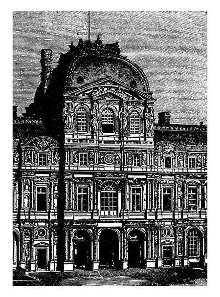 Λούβρο είναι το όνομα ενός διάσημου δημόσιου κτιρίου του Παρισιού, που βρίσκεται στο βόρειο τμήμα της πόλης, κοντά στη δεξιά μπάντα του Σηκουάνα, αξιοσημείωτη για τα αξιόλογα σχέδιά της, vintage γραμμή σχέδιο ή χαρακτική απεικόνιση. - Διάνυσμα, εικόνα