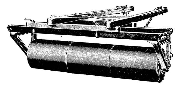Iron Roller una herramienta agrícola que tiene un rollo de hierro grande unido al marco utilizado para compactar el suelo y rompe terrones, dibujo de línea vintage o ilustración de grabado. - Vector, Imagen