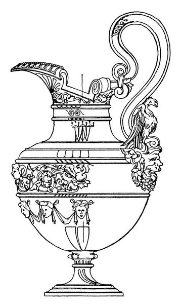 Este caño italiano Renaissance Pipe-spout Pot es un puchero de mango que está hecho de metal. Estaban en uso en el período de renacimiento italiano, dibujo de líneas vintage o ilustración de grabado. - Vector, Imagen