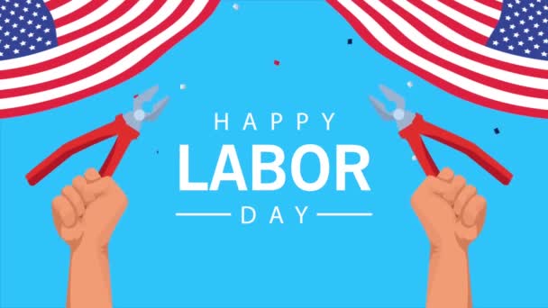 Happy labor day celebration with usa flag and hands lifting tools - Кадры, видео